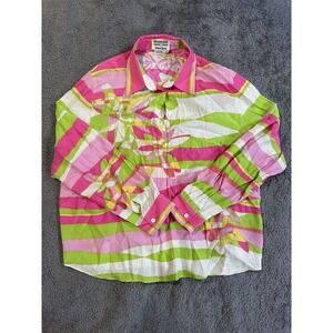 Vtg STARINGTON Womens Silk Top Size 18 Button Pink and Green Floral Gaudy Blouse